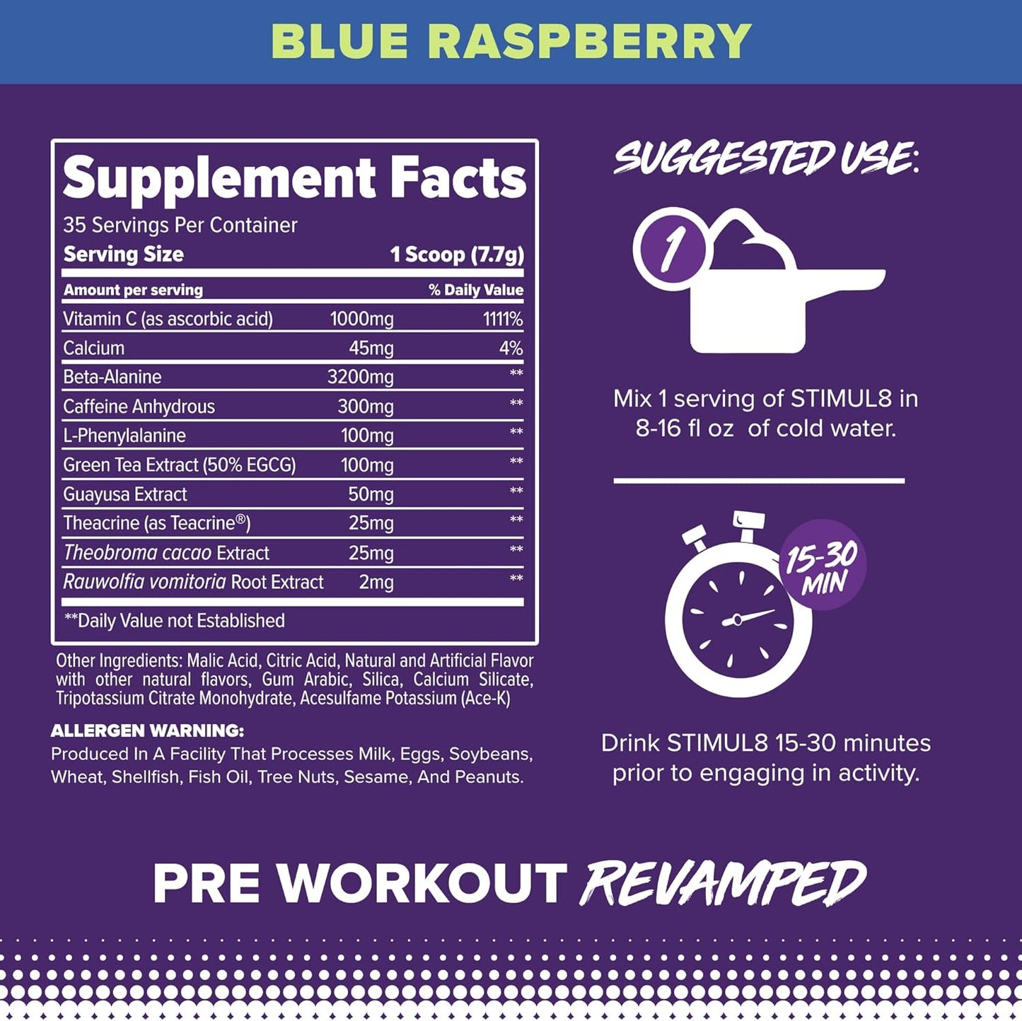 FINAFLEX STIMUL8 Original Blue Raspberry Pre-Workout - Boost Energy, Strength, and Endurance with Caffeine, Beta-Alanine, and Vitamin C - 35 Servings for Men and Women
