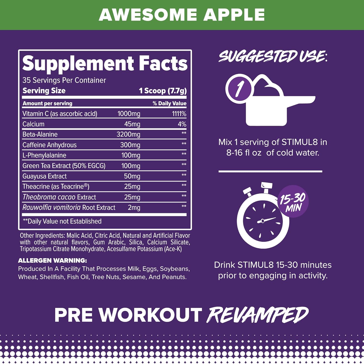 FINAFLEX STIMUL8 Original Pre-Workout Awesome Apple Flavor for Energy, Strength & Endurance - 35 Servings with Caffeine, Beta-Alanine, and Vitamin C - Men & Women's Fitness Supplement