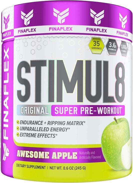 FINAFLEX STIMUL8 Original Super Pre-Workout, Awesome Apple Flavor - Boost Energy, Strength, Endurance - Caffeine, Beta-Alanine, Vitamin C - 35 Servings for Men & Women