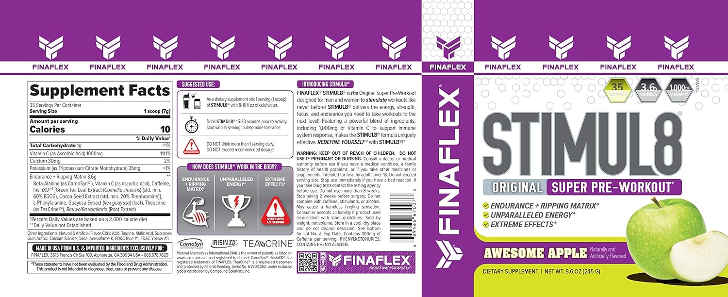 FINAFLEX STIMUL8 Original Super Pre-Workout, Awesome Apple Flavor - Boost Energy, Strength, Endurance - Caffeine, Beta-Alanine, Vitamin C - 35 Servings for Men & Women