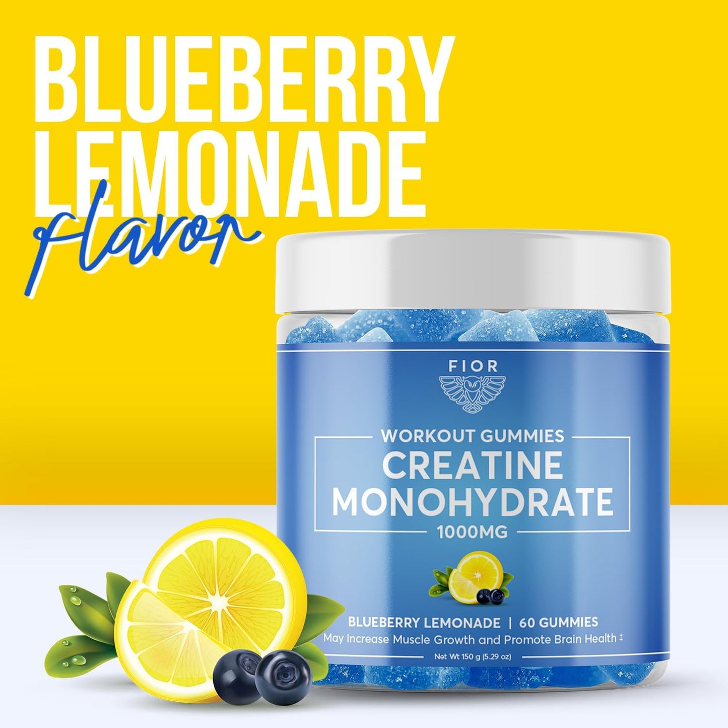 FIOR Creatine Gummy - Blueberry Lemonade Flavor, 60 Count, Top Creatine Monohydrate Chewable for Workouts & Protein, Cognitive Enhancement, 30 Servings