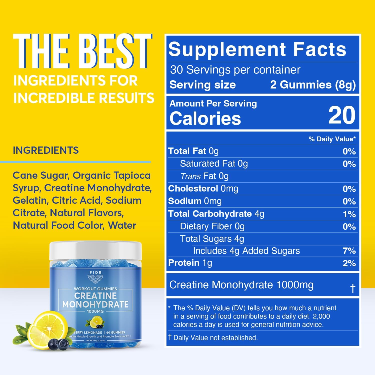 FIOR Creatine Gummy - Blueberry Lemonade Flavor, 60 Count, Top Creatine Monohydrate Chewable for Workouts & Protein, Cognitive Enhancement, 30 Servings