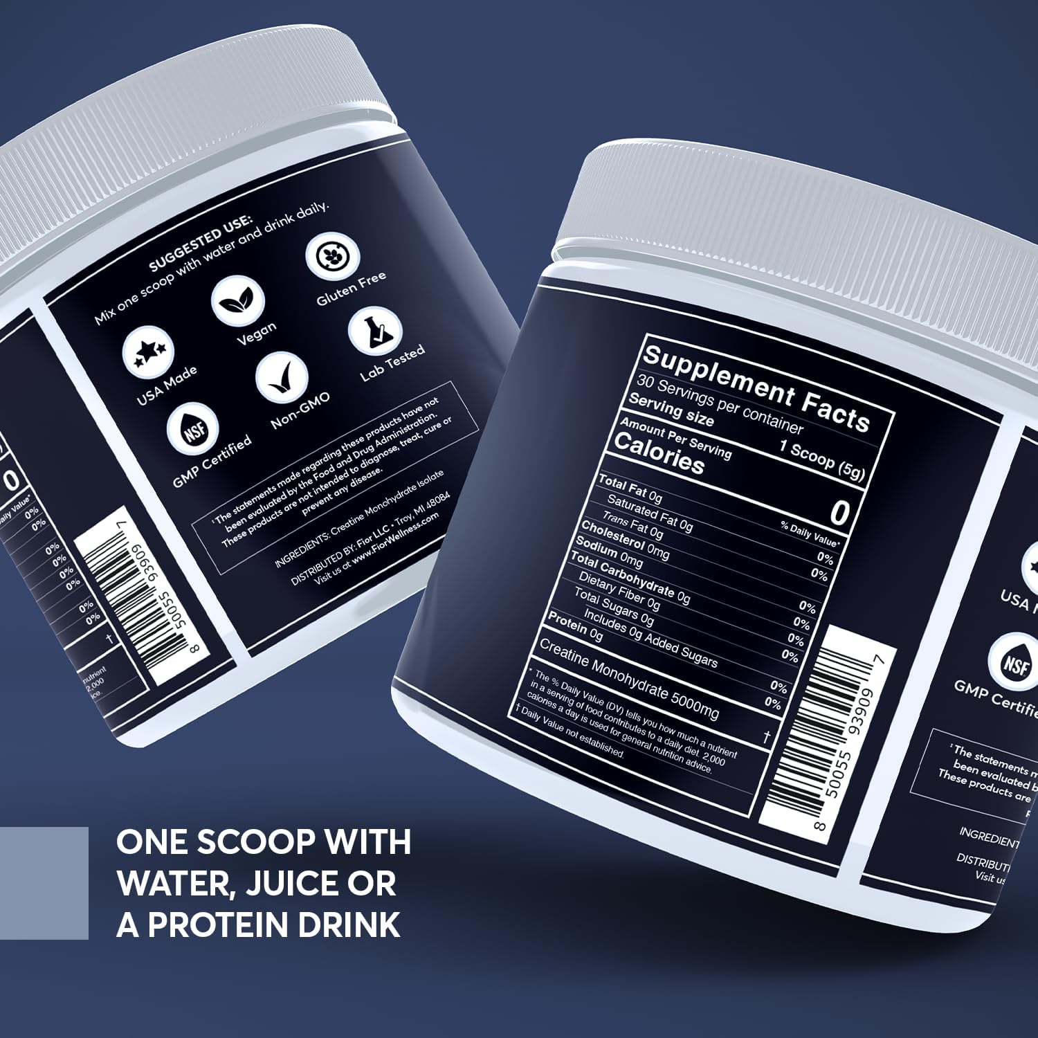 FIOR Micronized Creatine Monohydrate Powder - Pure Non-GMO Vegan Gluten Free Supplement for Men & Women - 5g per Serving - 60 Servings