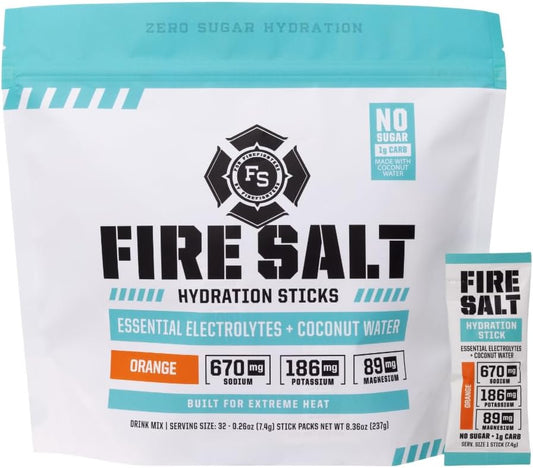 Fire Science Nutrition Hydration Sticks - Electrolyte & Coconut Water Mix with Magnesium, Potassium, Sodium - Vegan Orange Flavor - 32 Pack