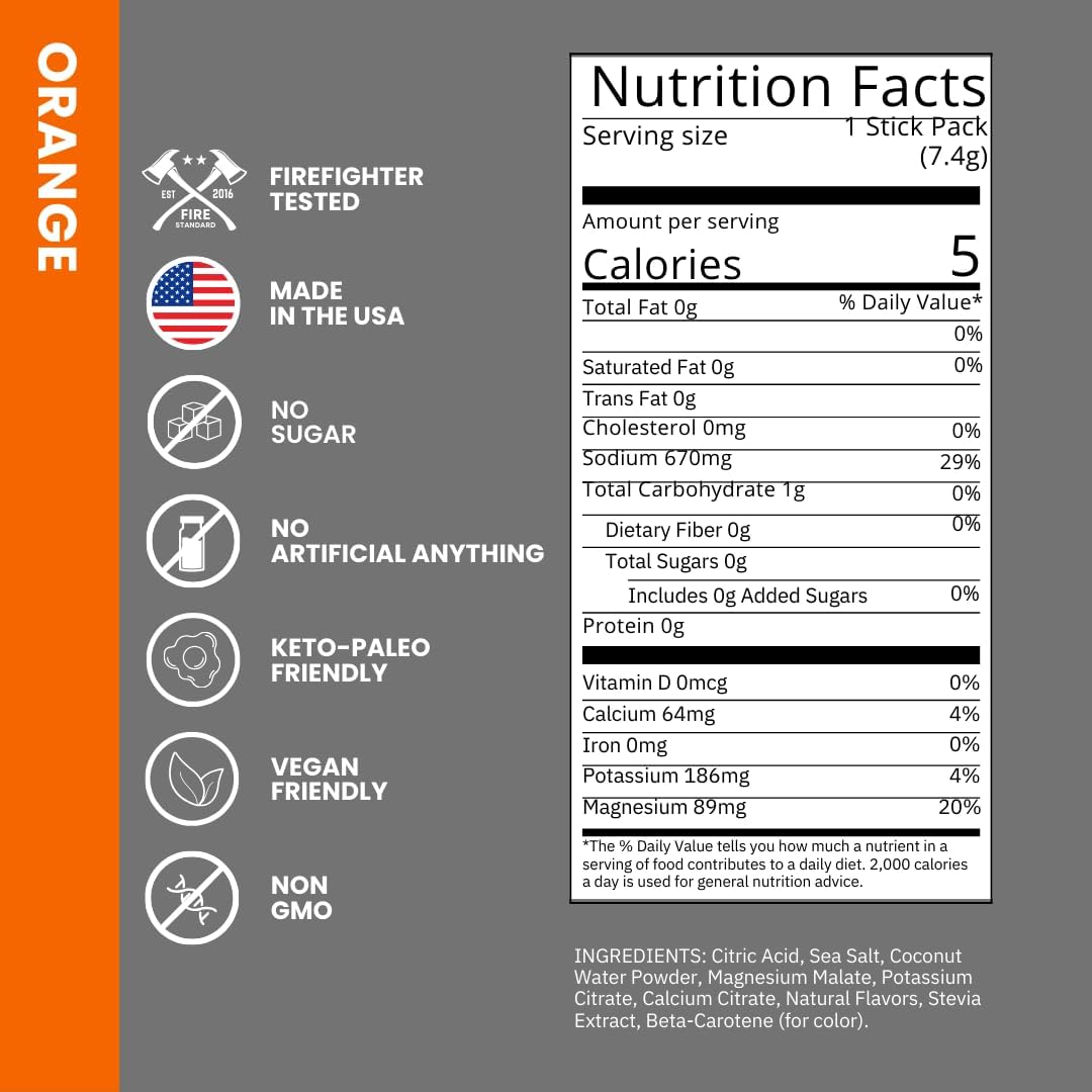 Fire Science Nutrition Hydration Sticks - Electrolyte & Coconut Water Mix with Magnesium, Potassium, Sodium - Vegan Orange Flavor - 32 Pack