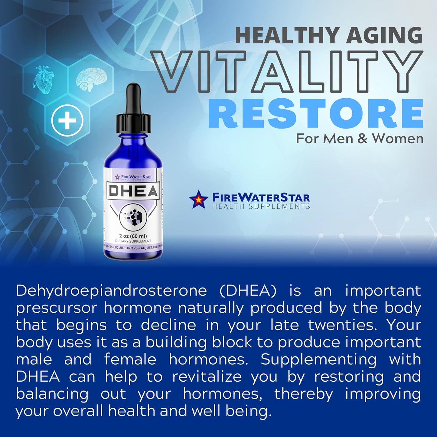 FIREWATERSTAR FWS DHEA Liquid Drops - Pure Supplement for Hormone Balance, Energy, and Healthy Aging - Adjustable Dosing for Men and Women