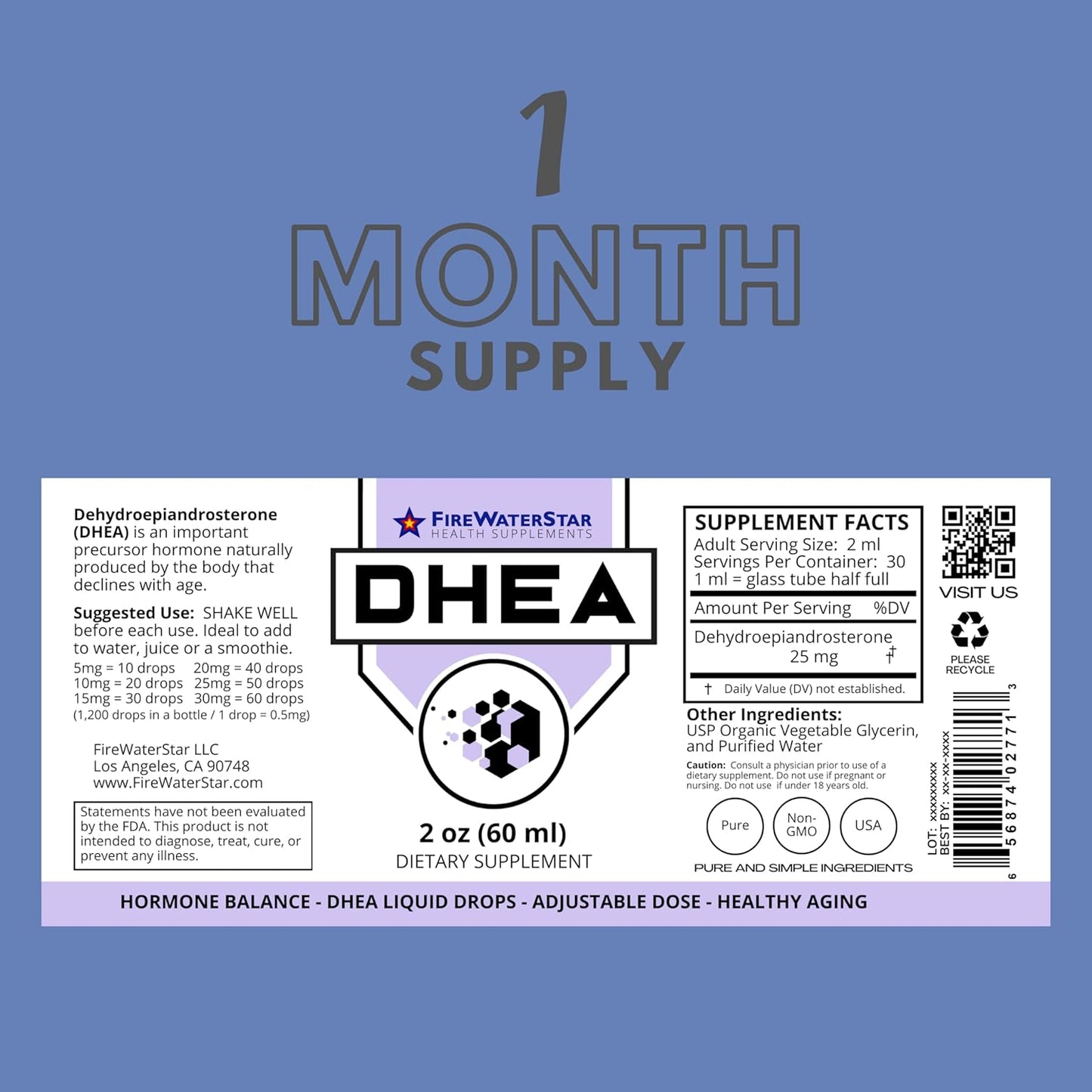 FIREWATERSTAR FWS DHEA Liquid Drops - Pure Supplement for Hormone Balance, Energy, and Healthy Aging - Adjustable Dosing for Men and Women