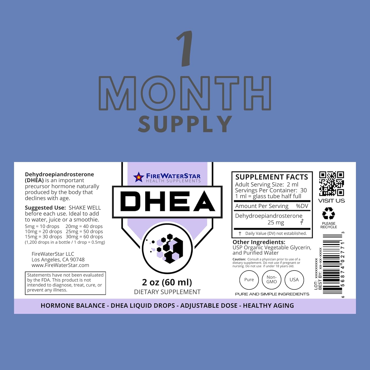 FIREWATERSTAR FWS DHEA Liquid Drops - Pure Supplement for Hormone Balance, Energy, and Healthy Aging - Adjustable Dosing for Men and Women