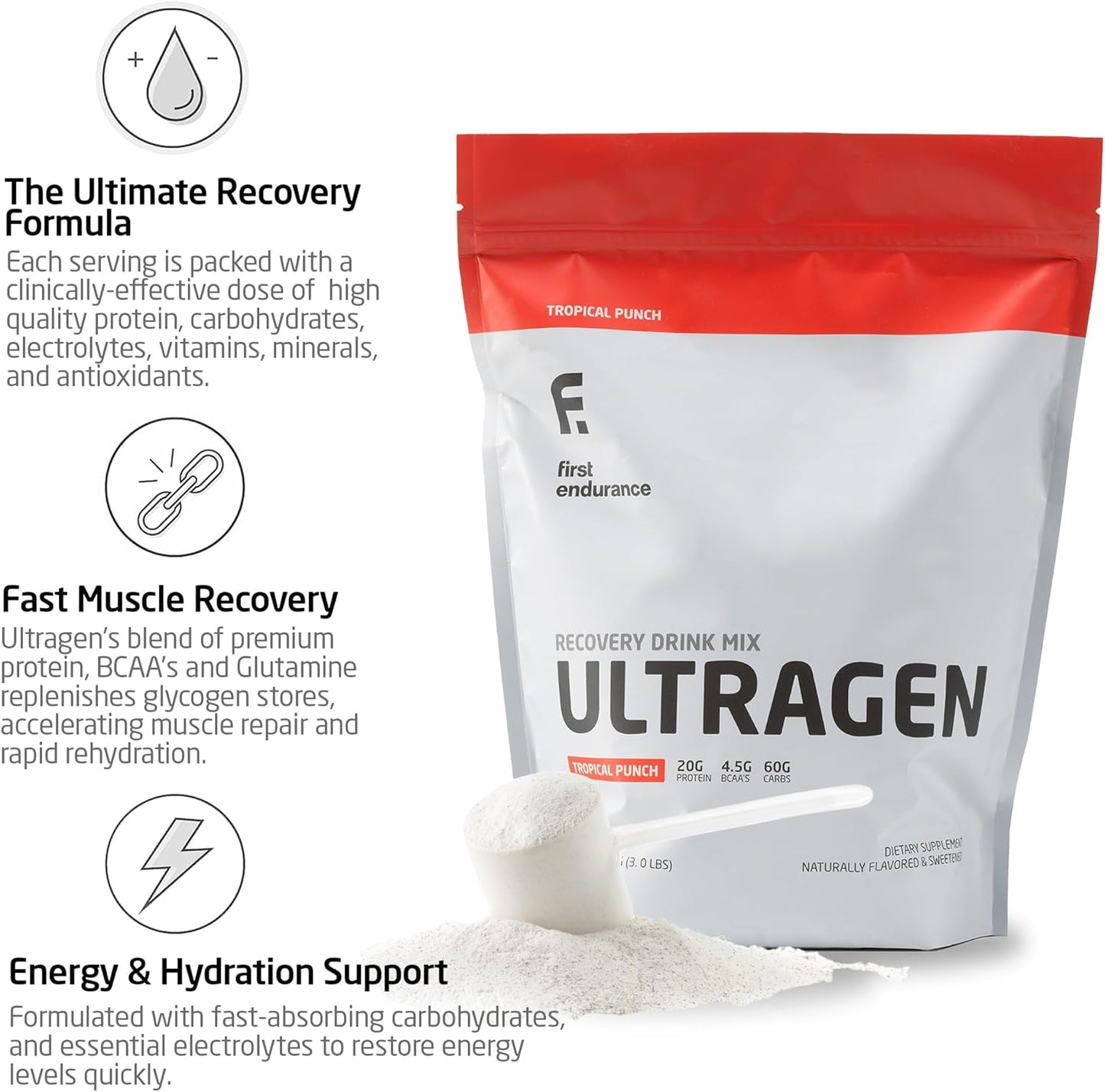 FIRST ENDURANCE Ultragen Tropical Punch Workout Recovery Drink Powder - 15 Servings, Protein Mix for Energy Boost and Fast Recovery