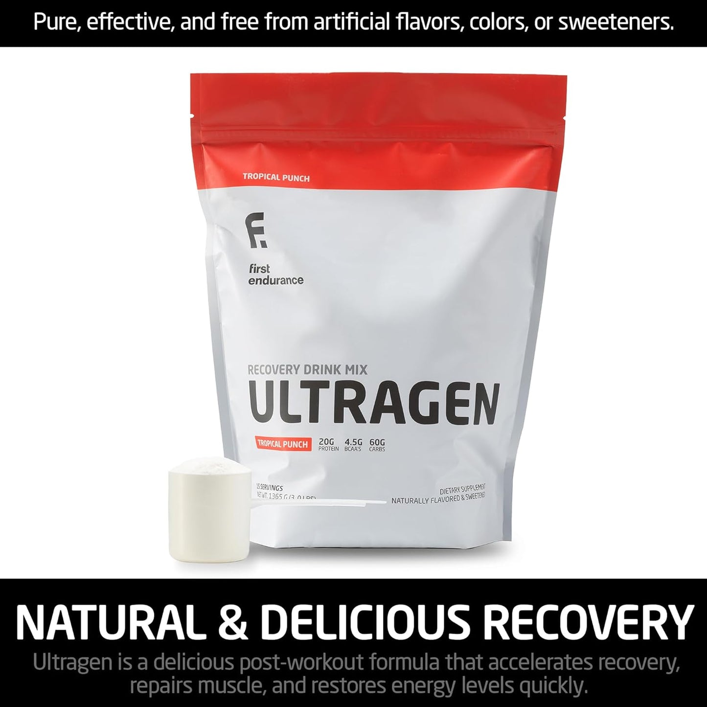 FIRST ENDURANCE Ultragen Tropical Punch Workout Recovery Drink Powder - 15 Servings, Protein Mix for Energy Boost and Fast Recovery