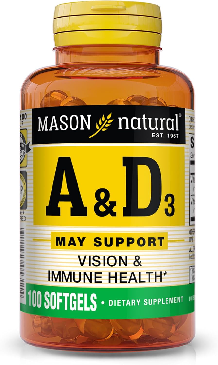 Fish Liver Oil Softgels with Vitamins A & D3 for Vision, Immune, Muscle & Nerve Health - 100ct