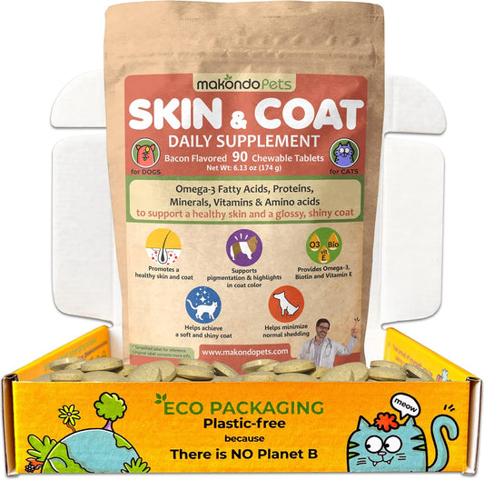 Fish Oil Skin and Coat Supplement for Dogs & Cats - Vitamins & Omega 3 for Itch Relief, Shedding & Allergy Treatment - 90 Tabs