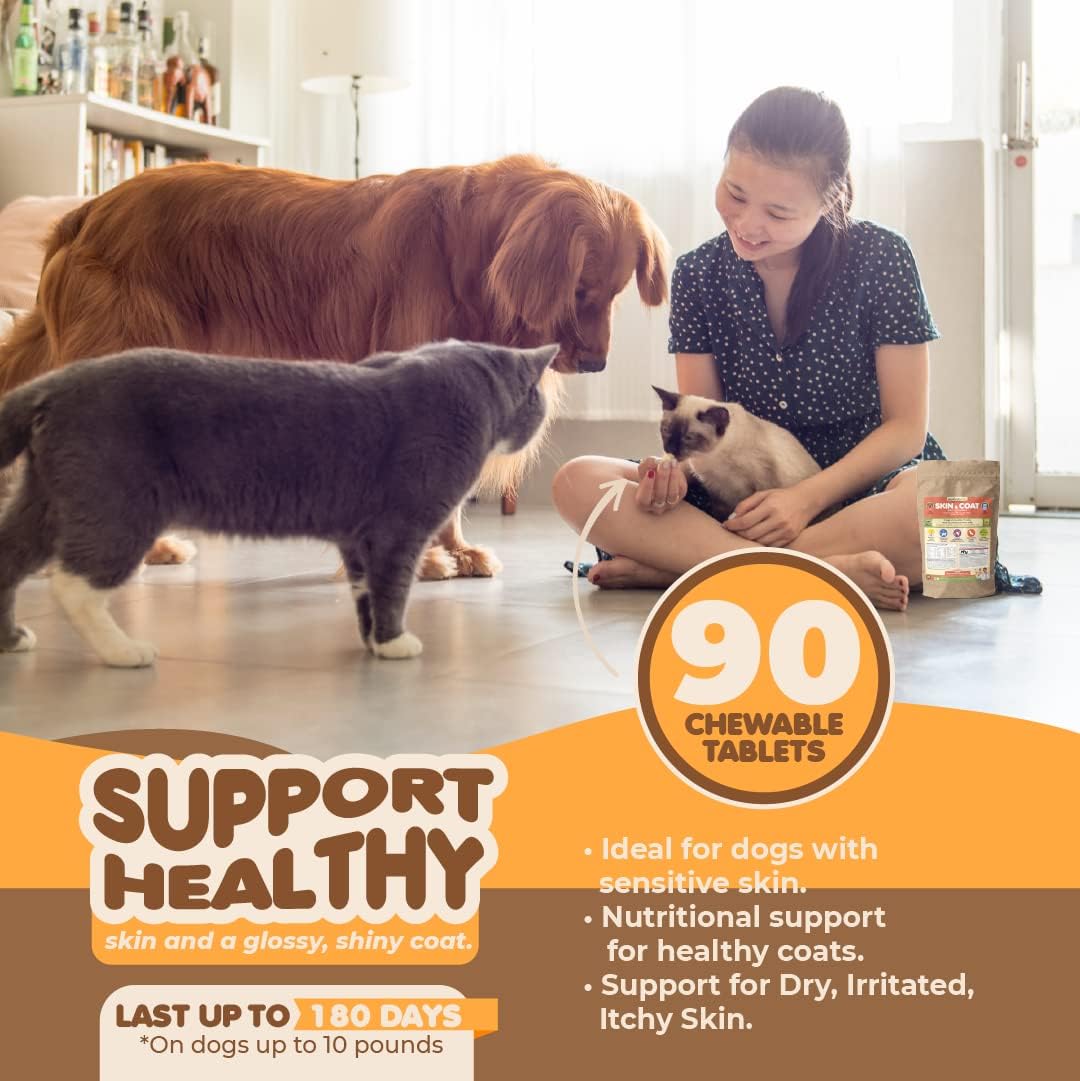 Fish Oil Skin and Coat Supplement for Dogs & Cats - Vitamins & Omega 3 for Itch Relief, Shedding & Allergy Treatment - 90 Tabs