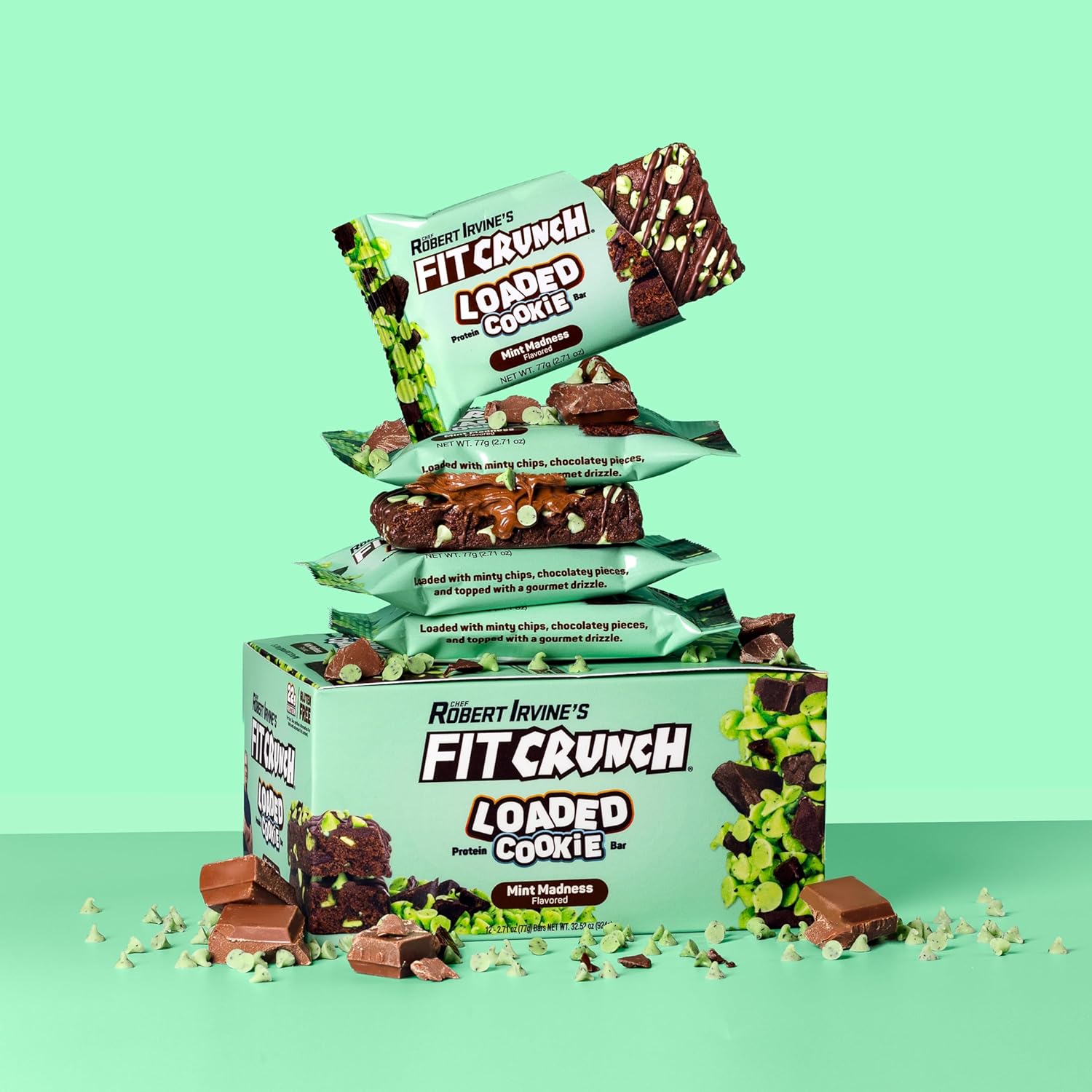 Fit Crunch Mint Madness Loaded Cookie Protein Bars - High Protein, Gluten Free Snack (12 Bars)