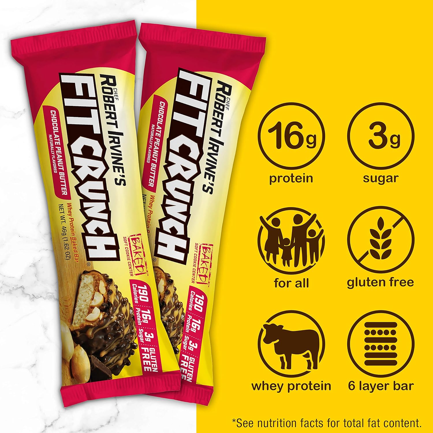 Fit Crunch Snack Size Protein Bars by Robert Irvine - 6-Layer Baked Bar, Low Sugar, Gluten Free, Soft Cake Core - Chocolate Peanut Butter Flavor (18 Bars)