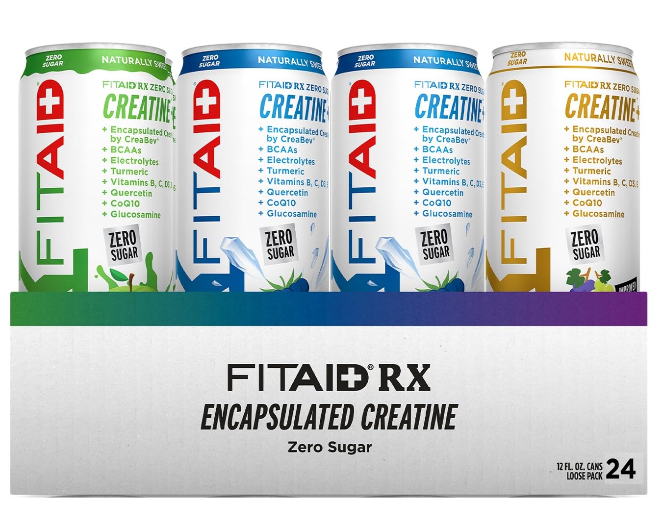 FITAID RX Zero Sugar Workout Recovery Drink with Creatine, BCAAs, and Turmeric - Variety Pack of 24 x 12 Fl Oz