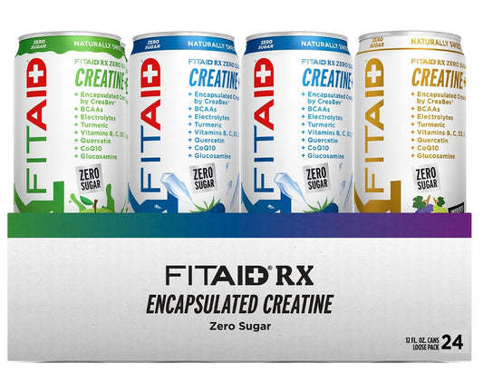 FITAID RX Zero Sugar Workout Recovery Drink with Creatine, BCAAs, and Turmeric - Variety Pack of 24 x 12 Fl Oz