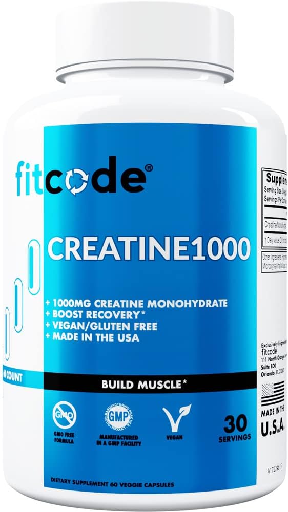 fitcode Creatine1000: Pure Creatine Monohydrate Veggie Capsules - 30 Servings