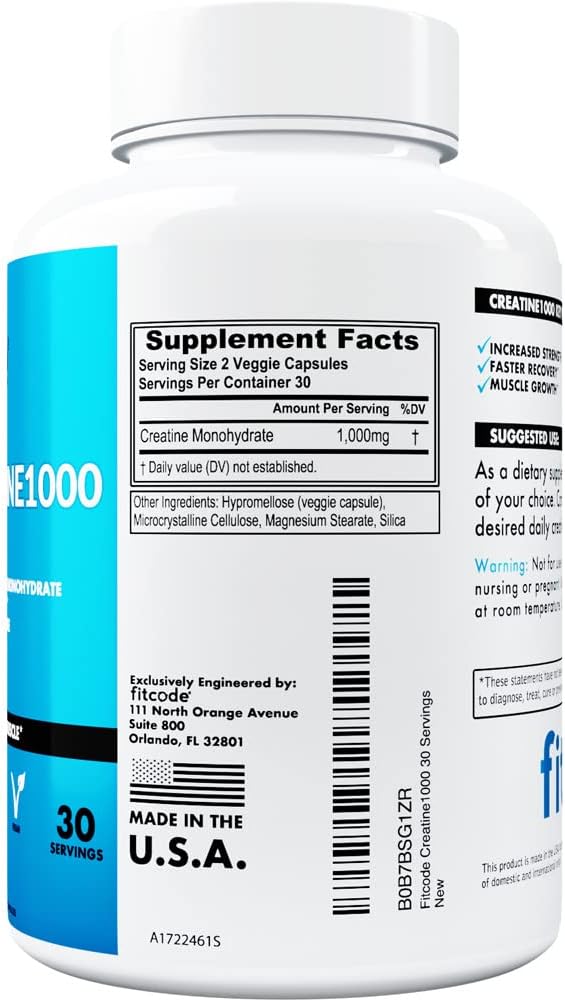 fitcode Creatine1000: Pure Creatine Monohydrate Veggie Capsules - 30 Servings