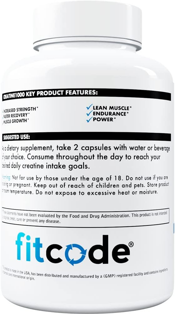 fitcode Creatine1000: Pure Creatine Monohydrate Veggie Capsules - 30 Servings
