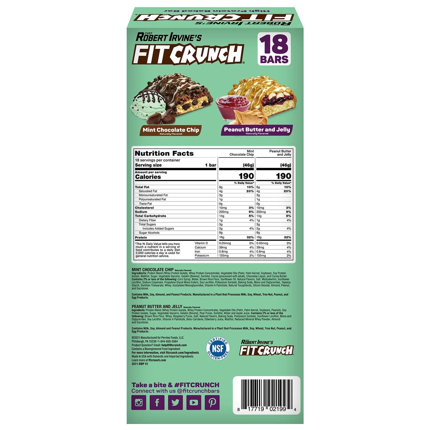 FITCRUNCH Protein Bars Variety Pack - Snack Size, Gluten Free (18 Bars, Mint Chocolate Chip & Peanut Butter Jelly)