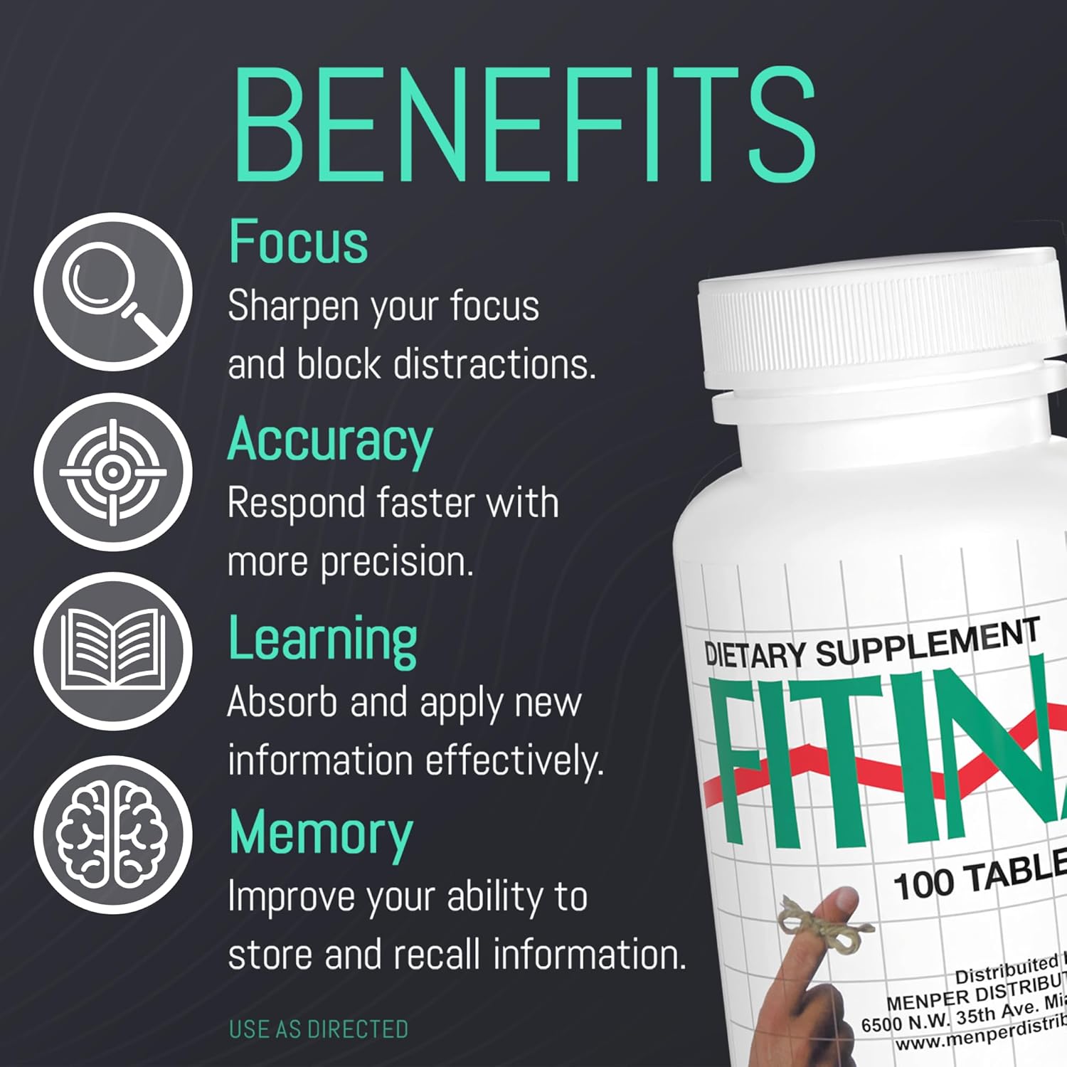 FITINA Memory Boost Brain Supplement - 100 Tablets (1 Pack) - Cognitive Support for Brain Health, Mental Clarity, Focus, and Concentration - Natural Brain Aid