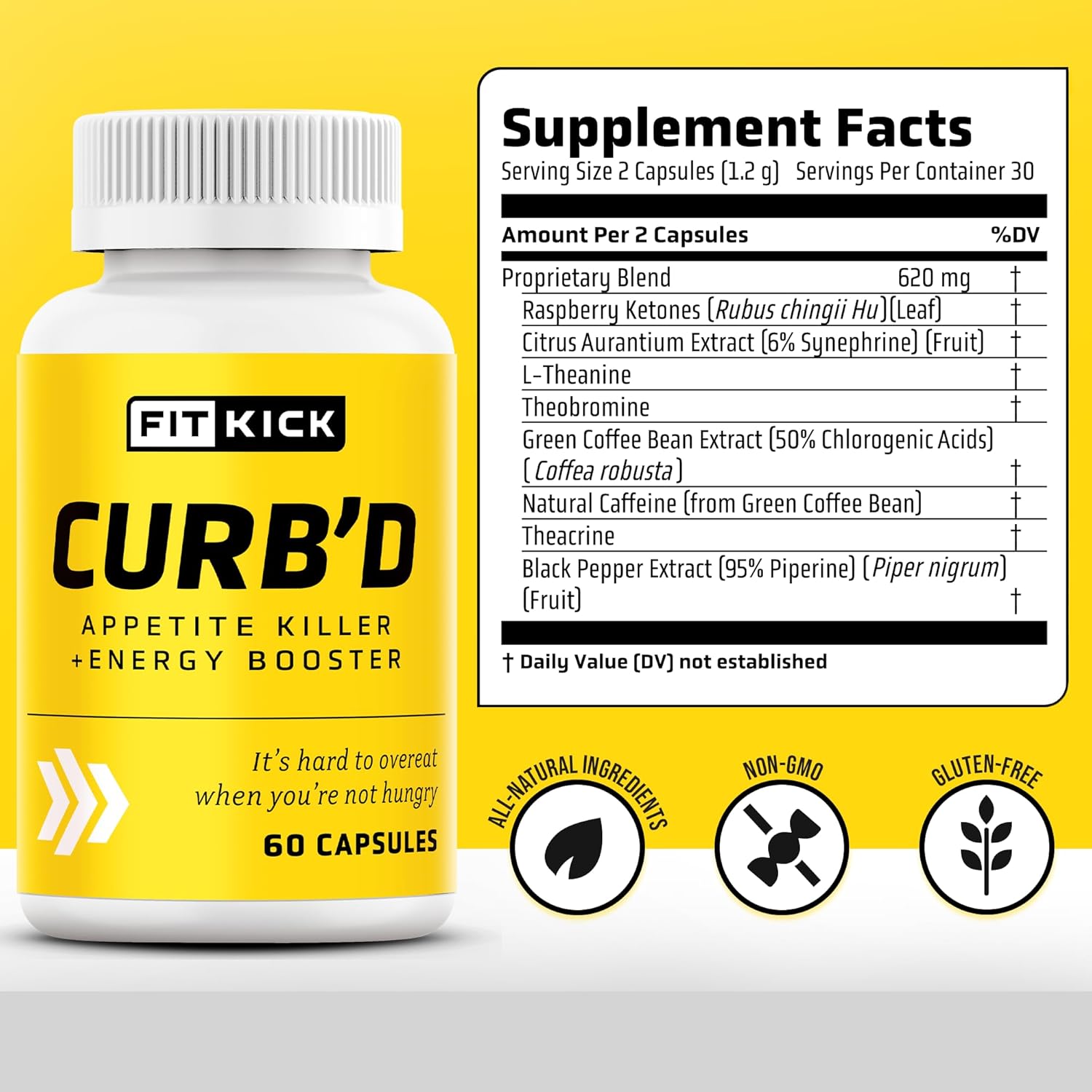 FITKICK CURB'D Capsules - 60 Count for Over-Eating Control, Energy Boost, and Healthy Eating Support