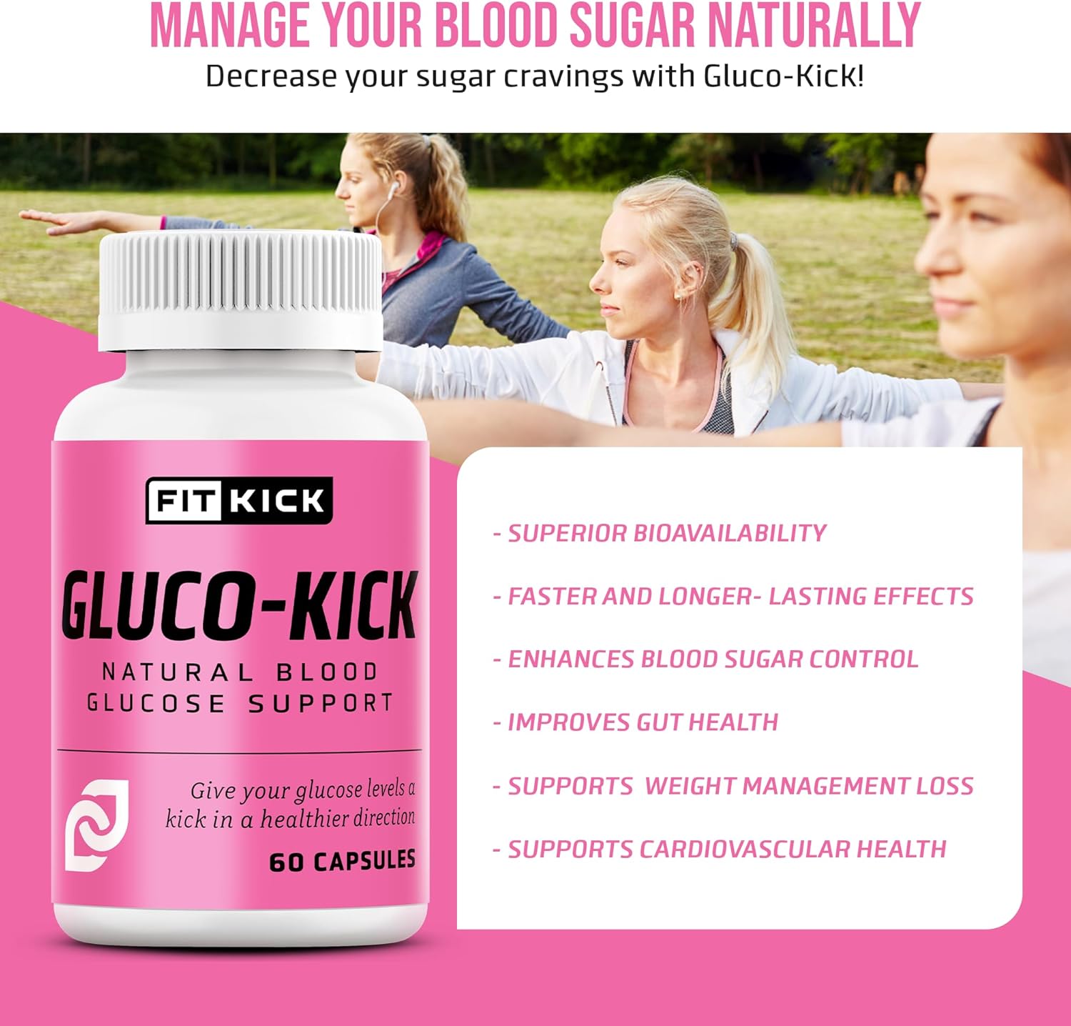 Fitkick Supplements Gluco-Kick: Premium Blood Sugar Support Formula for Health and Energy