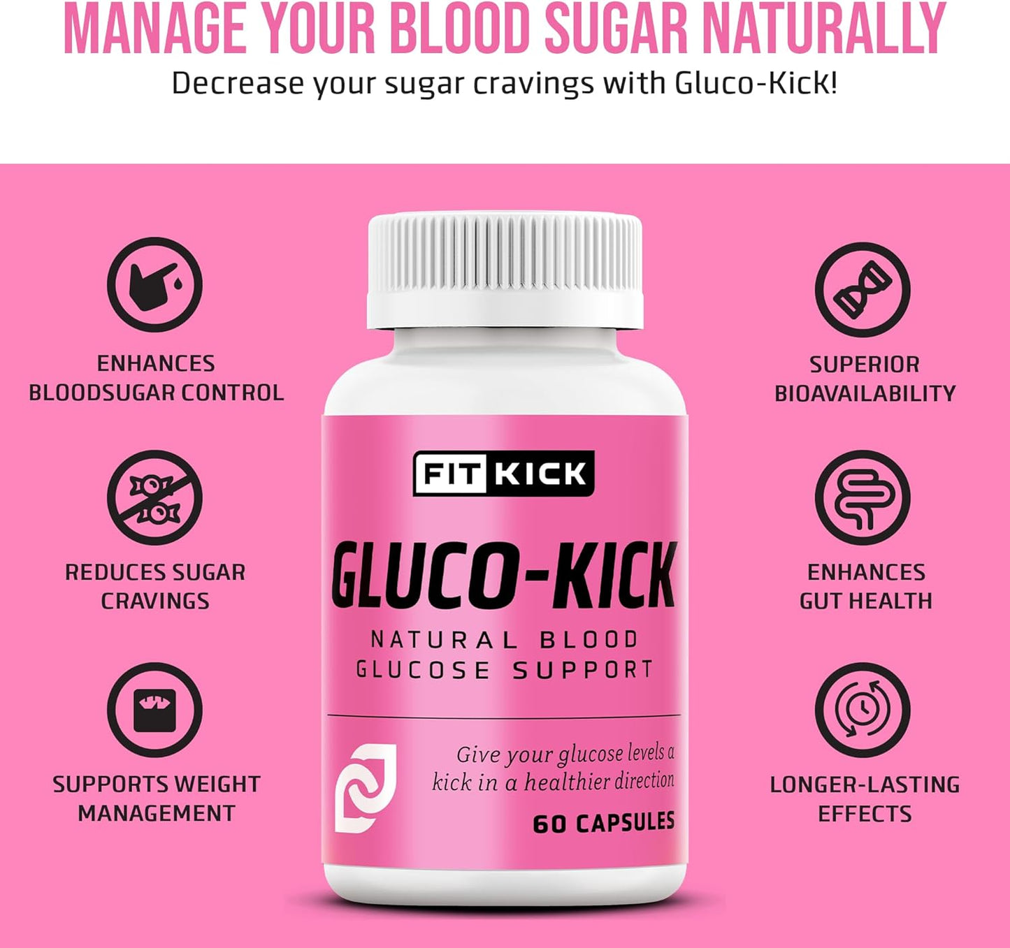Fitkick Supplements Gluco-Kick: Premium Blood Sugar Support Formula for Health and Energy