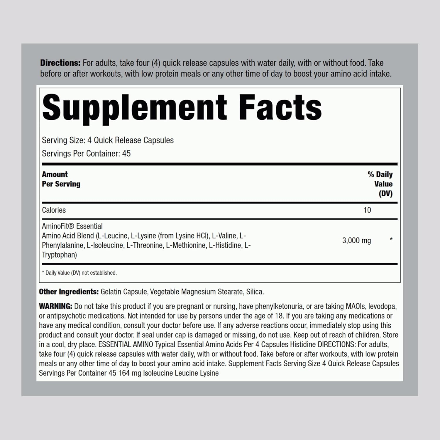 Fitness Labs Non-GMO AminoFit Complex | BCAA and EAA Amino Acids | 180 Capsules by Piping Rock