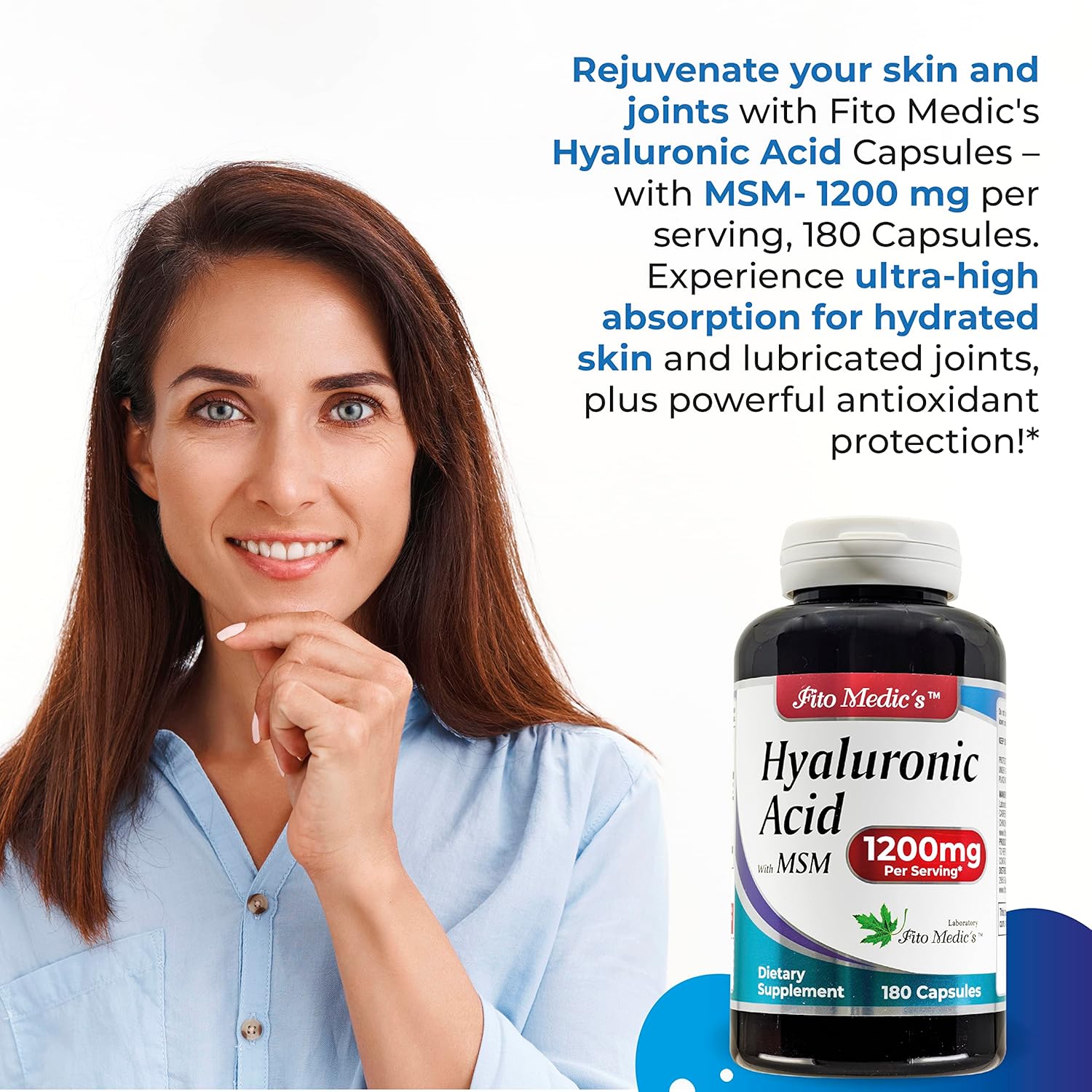 FITO MEDIC'S Lab Hyaluronic Acid Capsules with MSM - 1200mg per Serving, 180 Capsules - Supports Skin & Joint Health, Antioxidant, High Absorption