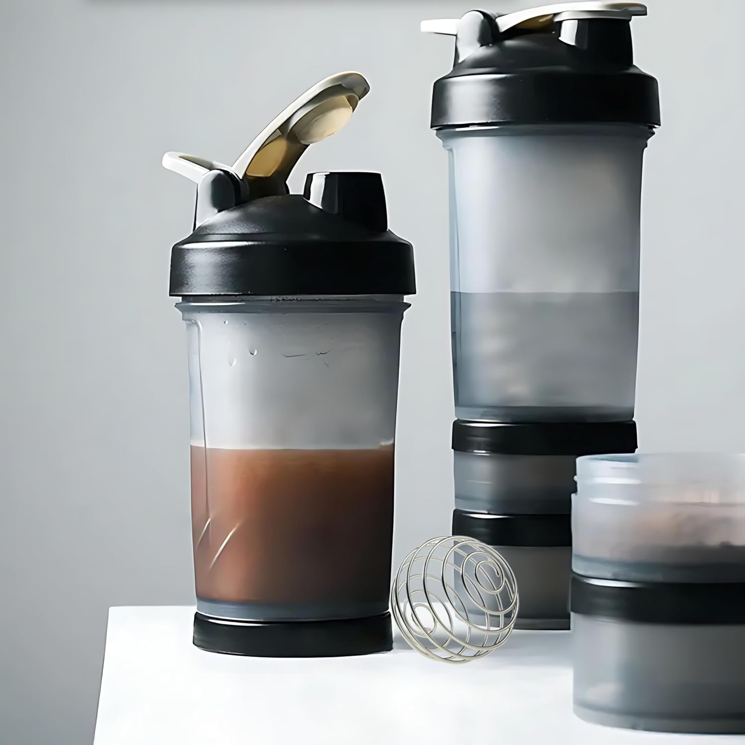 Fittify Protein Shaker Bottle with Storage Compartments - 16.9 oz (500 ml) [Black] - Ideal for Pre-Workout, Protein, and Supplements