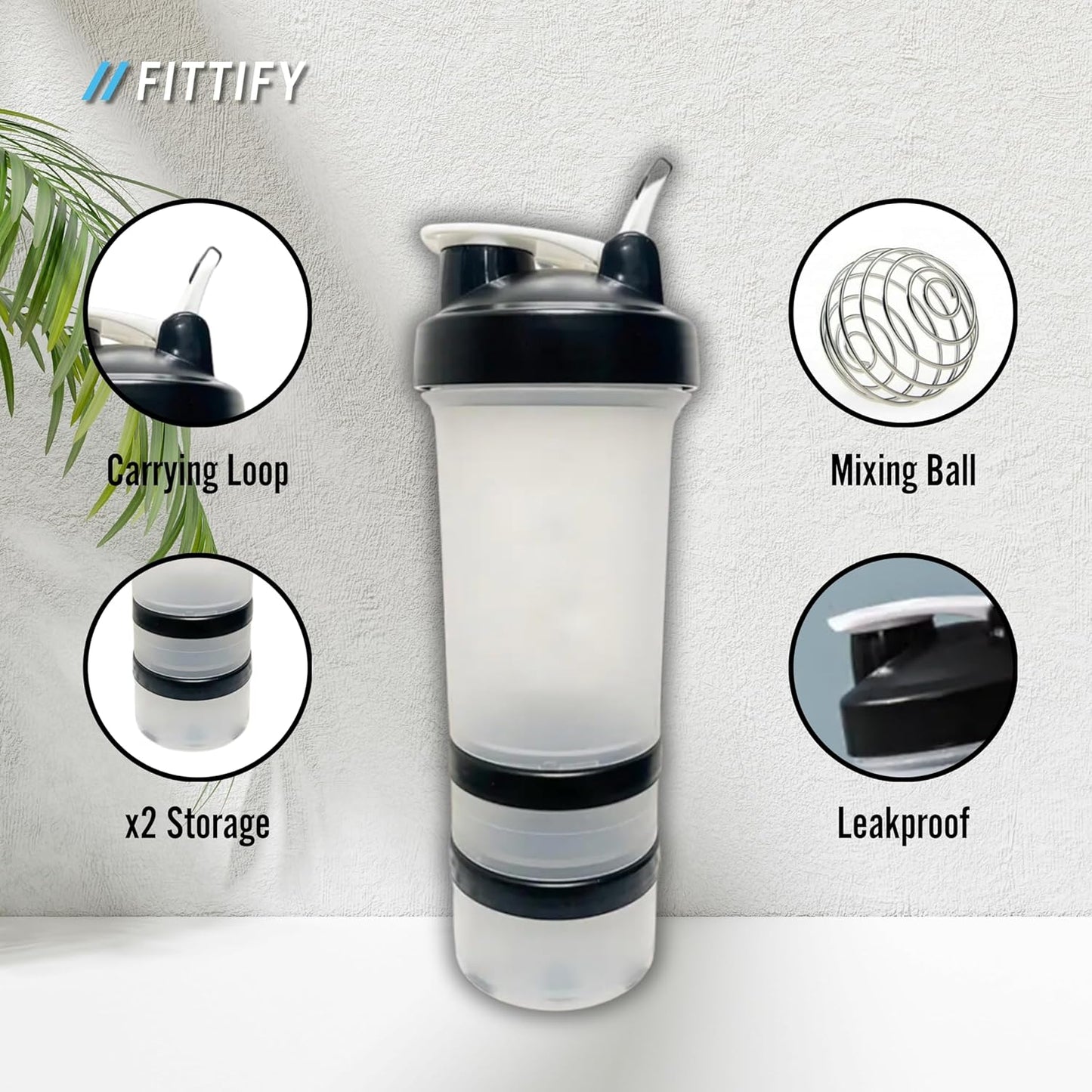 Fittify Protein Shaker Bottle with Storage Compartments - 16.9 oz (500 ml) [Black] - Ideal for Pre-Workout, Protein, and Supplements
