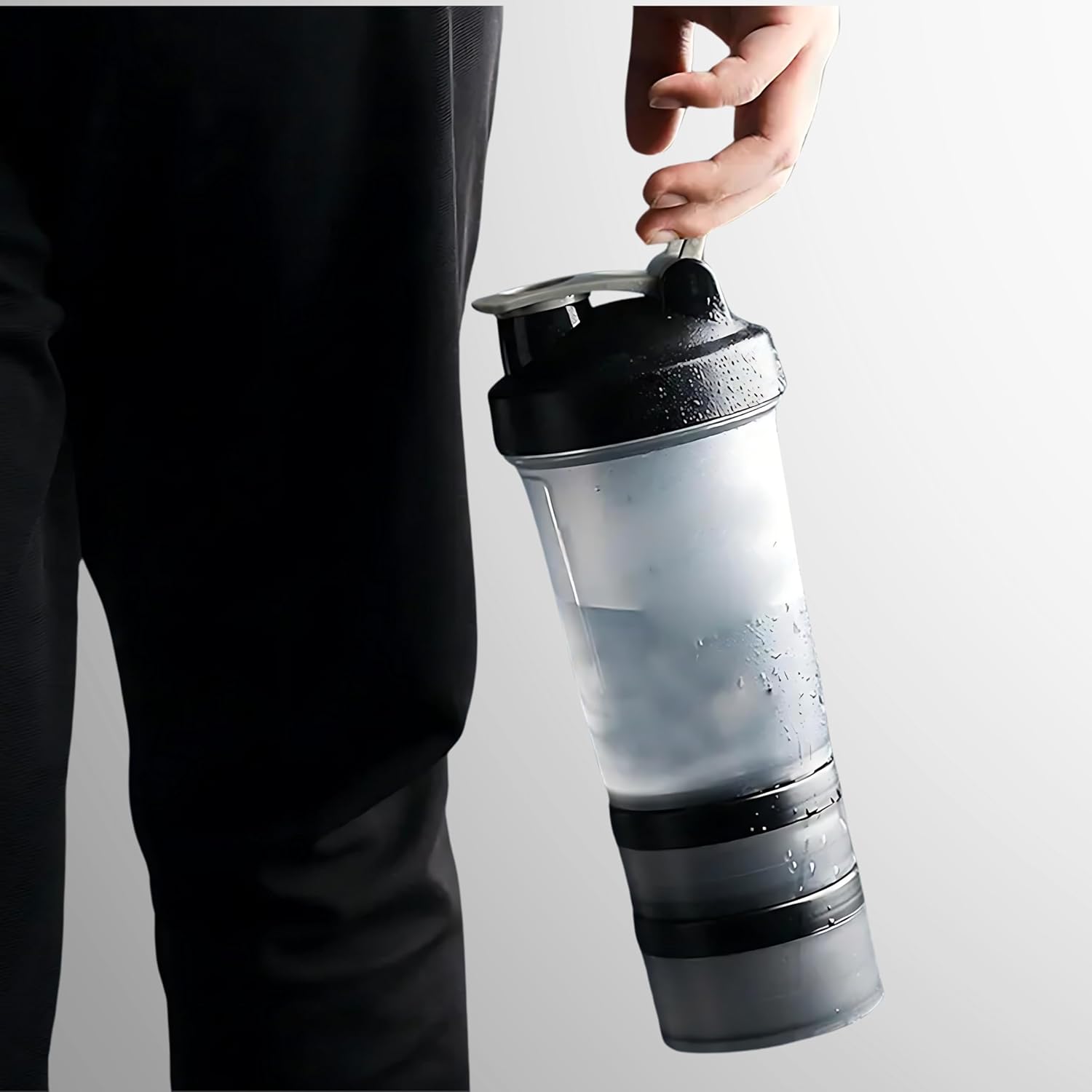 Fittify Protein Shaker Bottle with Storage Compartments - 16.9 oz (500 ml) [Black] - Ideal for Pre-Workout, Protein, and Supplements
