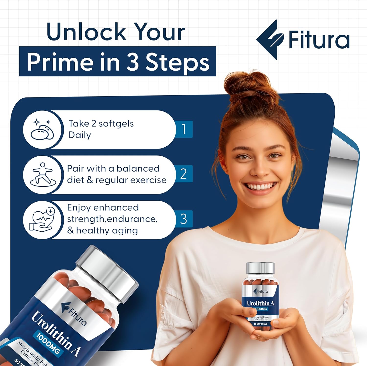 Fitura Mitopure Capsules - Scientifically Proven for Muscle Strength & Cellular Energy - Improve Mitochondrial Health, Boost Cellular Function - Anti-Aging Urolithin A Supplement