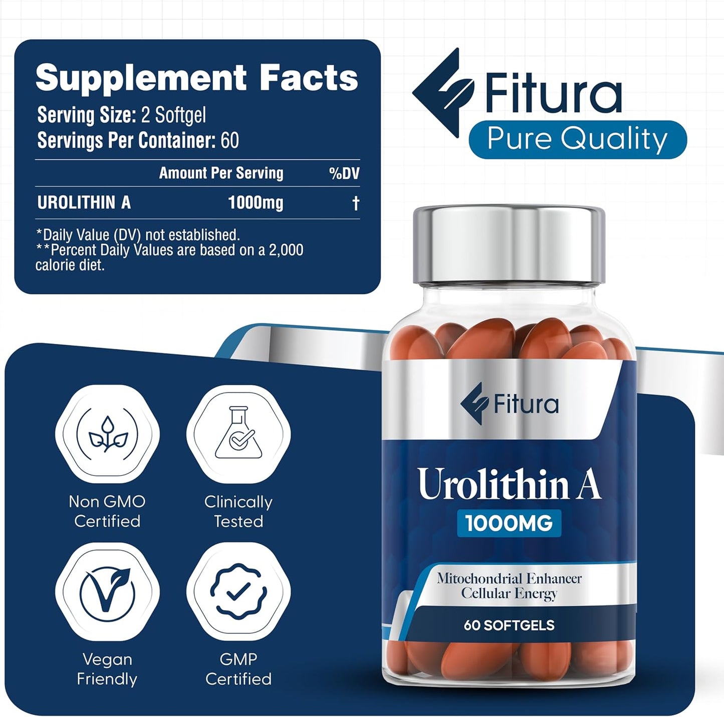 Fitura Mitopure Capsules - Scientifically Proven for Muscle Strength & Cellular Energy - Improve Mitochondrial Health, Boost Cellular Function - Anti-Aging Urolithin A Supplement
