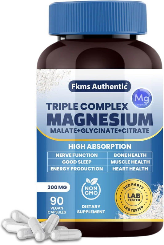 FKMS AUTHENTIC Triple Magnesium Complex 300mg | Vegan Non-GMO 3-in-1 Blend | High Absorption Magnesium Supplement 90 Capsules