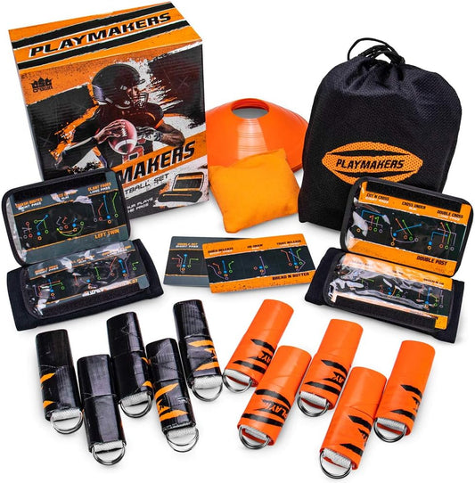 Flag Football Playmakers Set for Kids: 2 Teams, 5 Flags Each, QB Wristbands, 18 Plays, Cones, Rulebook, and Yard Marker