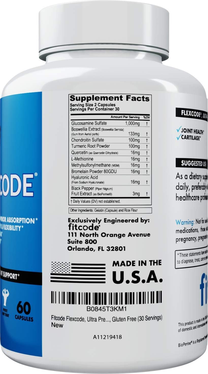 Flexcode Ultra Premium Joint Support Supplement with Glucosamine, Turmeric, MSM, Chondroitin, Hyaluronic Acid - Gluten-Free for Men and Women - 30 Servings