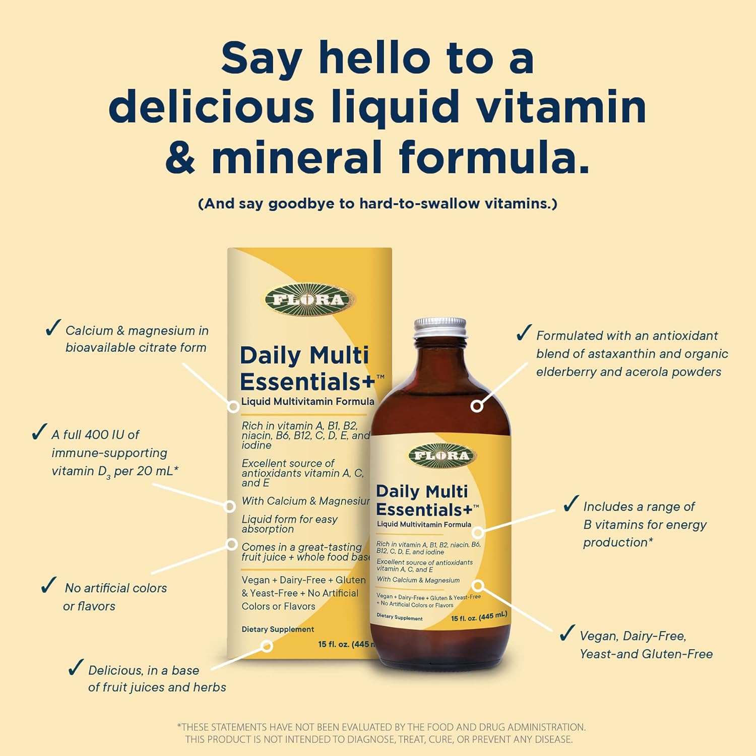Flora Daily Multi Essentials+ Liquid Multivitamin Formula - 13 Vitamins & Minerals - 15 Fl Oz Bottle