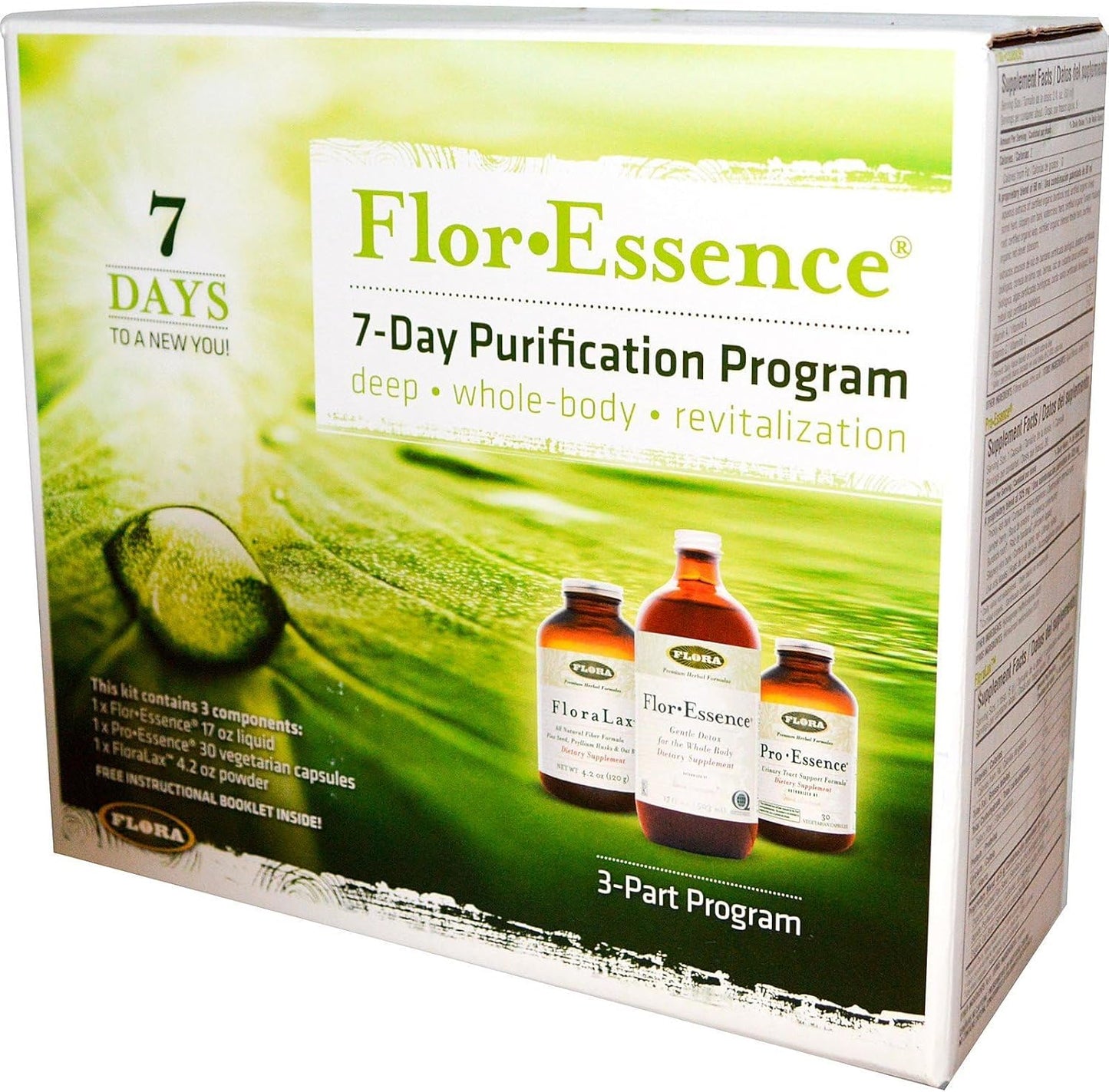 Flora Full Body Detox & Cleanse Kit - 7-Day, 3-Step with Tea, ProEssence, FloraLax - Plant-Based, Gluten Free, Non GMO