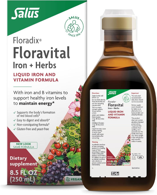 Floradix Floravital Liquid Iron Supplement with B Complex Vitamins, Vitamin C & Herbs for Energy - Vegan & Gluten-Free - 8.5 fl oz