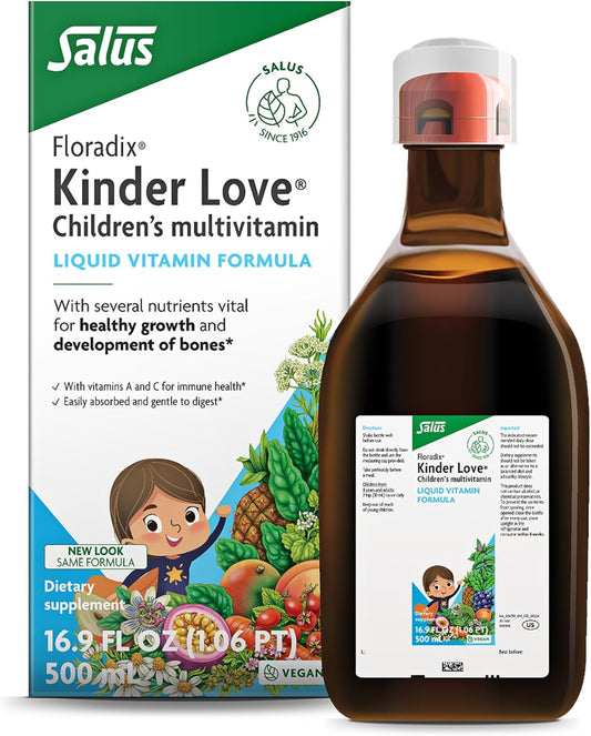 Floradix Kinder Love Children's Liquid Multivitamin - Vegetarian, Non-GMO, Gluten-Free - 17 fl oz Bottle with Vitamins A, C, D & E