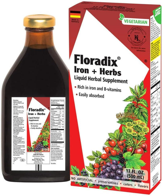 Floradix Liquid Herbal Supplement with Iron, Vitamin C & B Complex - Energy Support for Men and Women - 17 oz Bottle