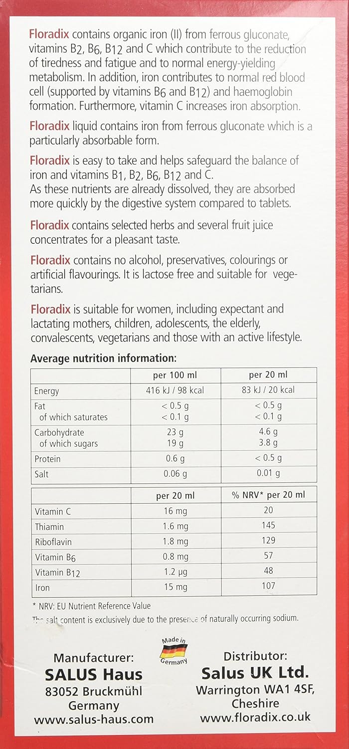 Floradix Liquid Iron Formula - Natural Iron Supplement 500ml Bottle