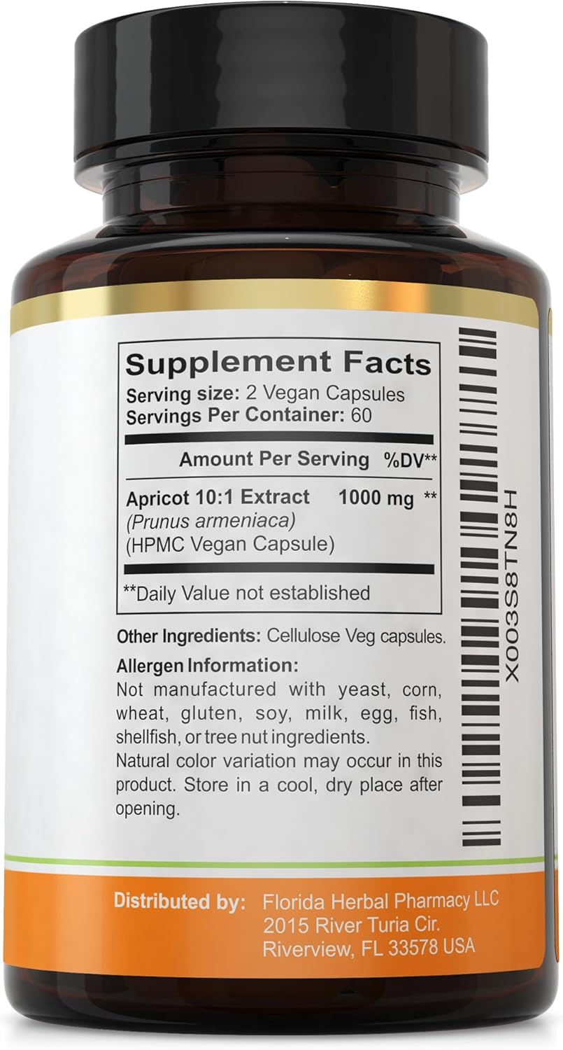 Florida Herbal Pharmacy Apricot Supplement Capsules 10:1 Extract, 360 Capsules x 500mg, 1000mg Serving, Pack of 3