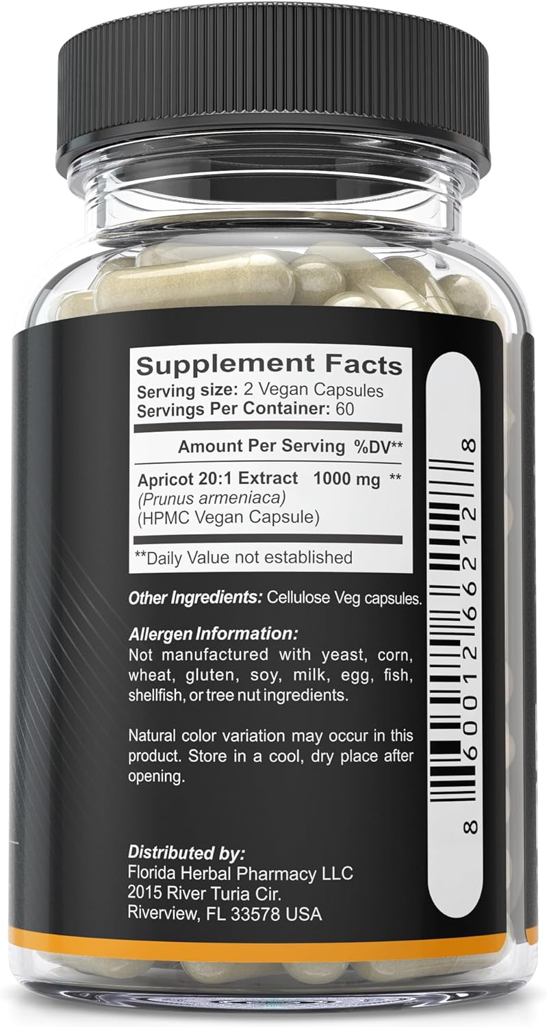 Florida Herbal Pharmacy Apricot Supplement Capsules - 20:1 Extract Ratio (120 Capsules, 500mg) - Supports Overall Wellness and Immune Health