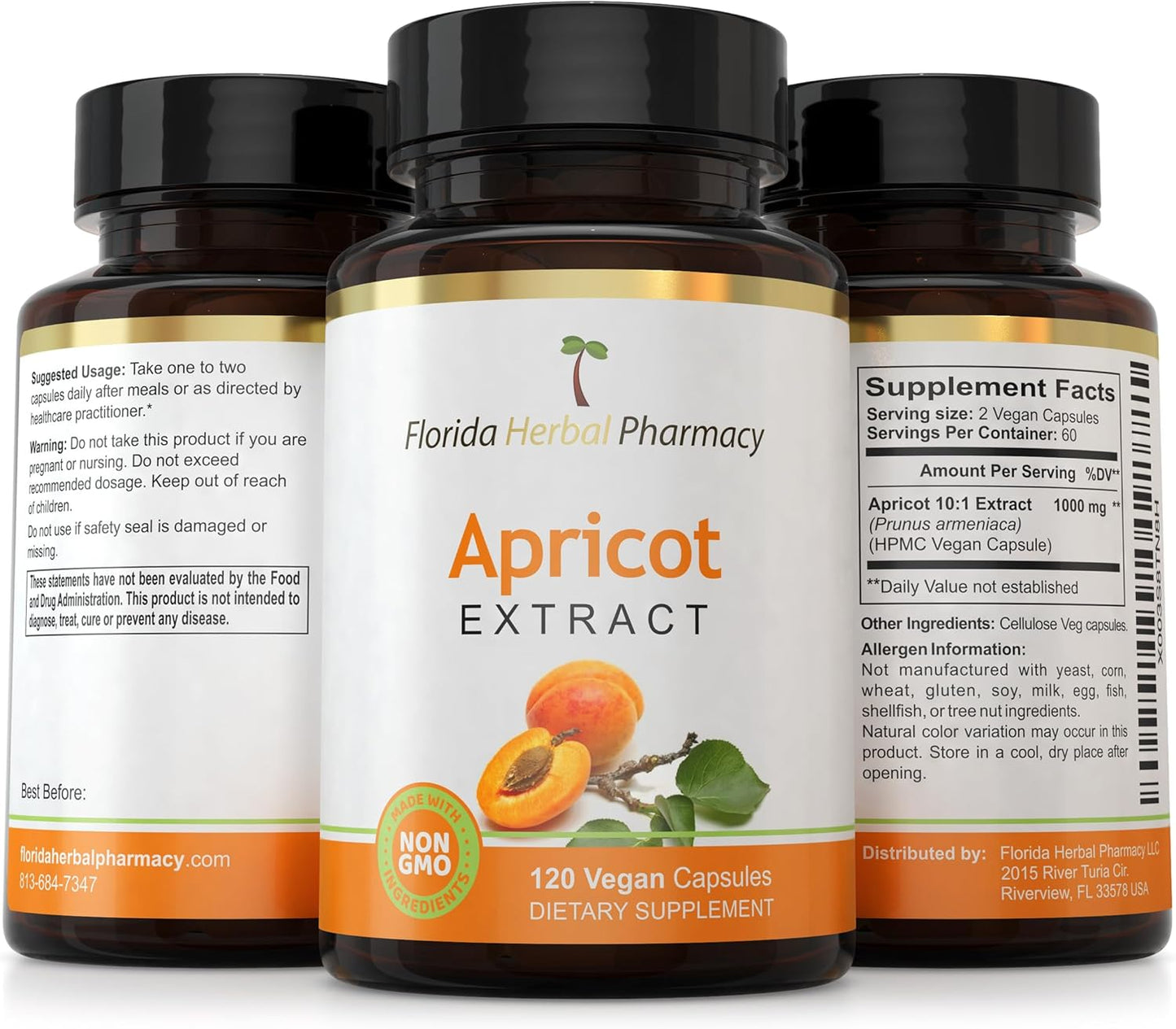 Florida Herbal Pharmacy Apricot Supplement Capsules 10:1 Extract, 360 Capsules x 500mg, 1000mg Serving, Pack of 3