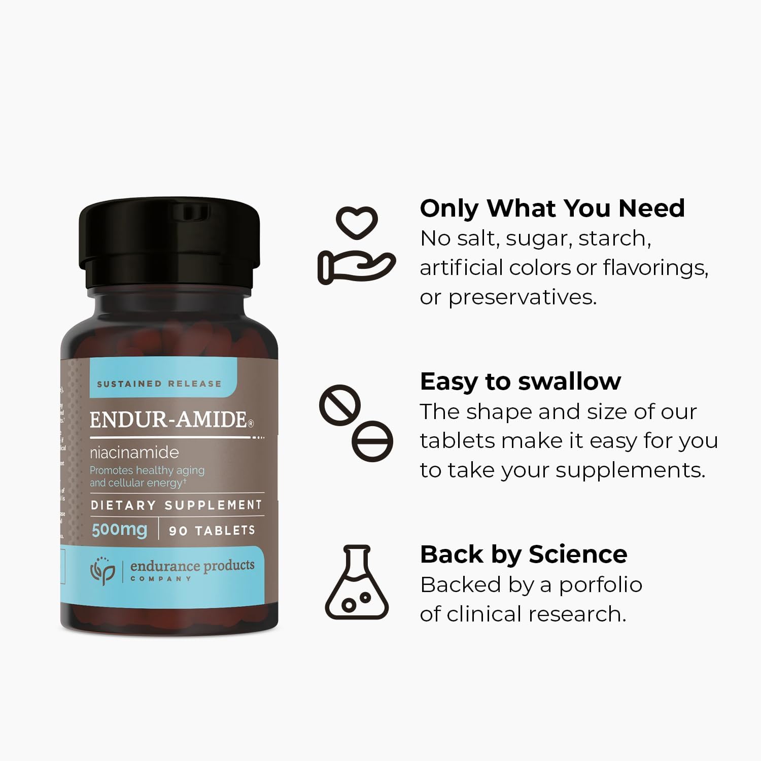 Flush-Free Endur-Amide NAD+ Niacinamide Vitamin B3 Supplements for Energy, Men & Women, 500mg, 90 Tablets, Optimal Absorption