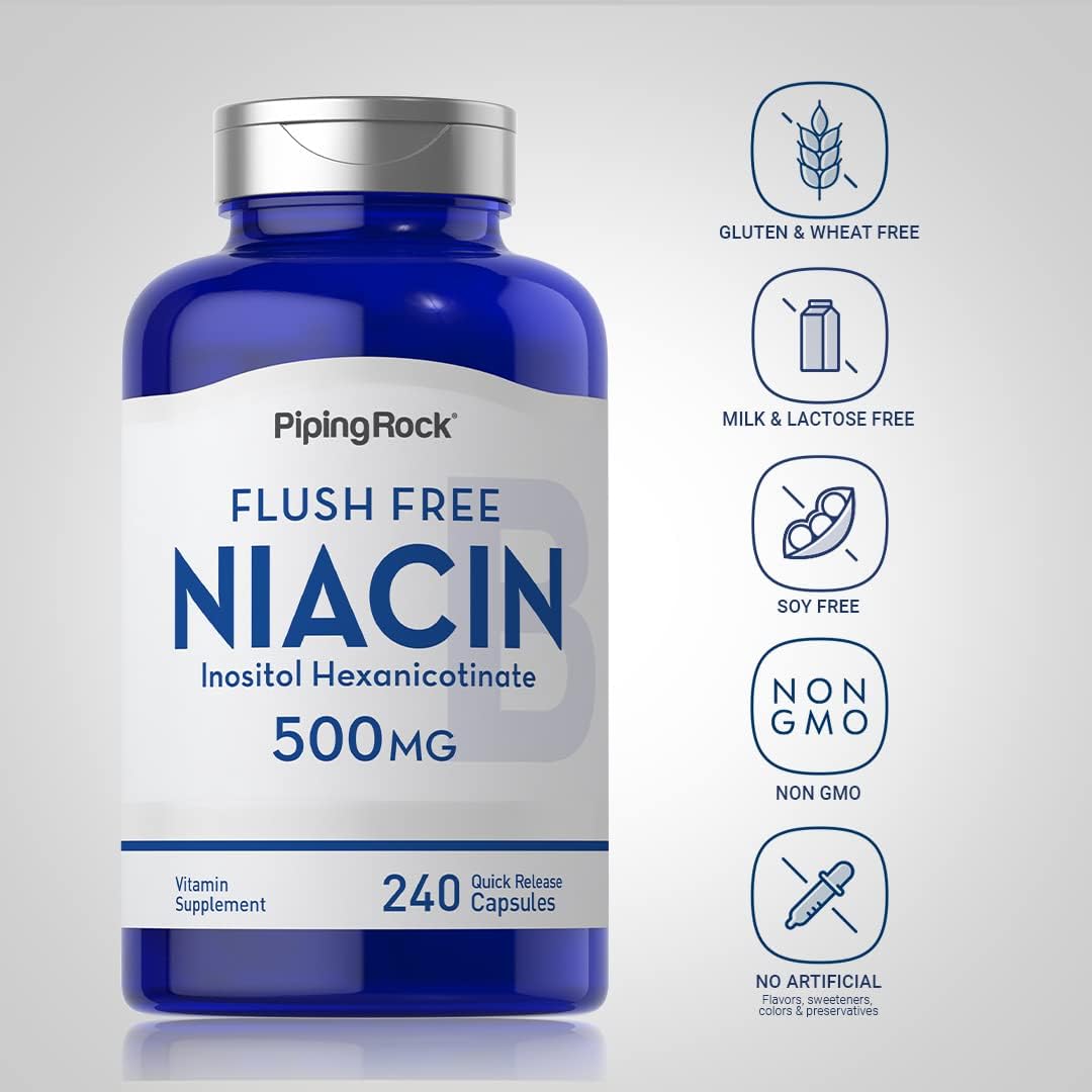 Flush Free Niacin 500mg Supplement - 240 Capsules, Vitamin B3, Non-GMO, Gluten Free